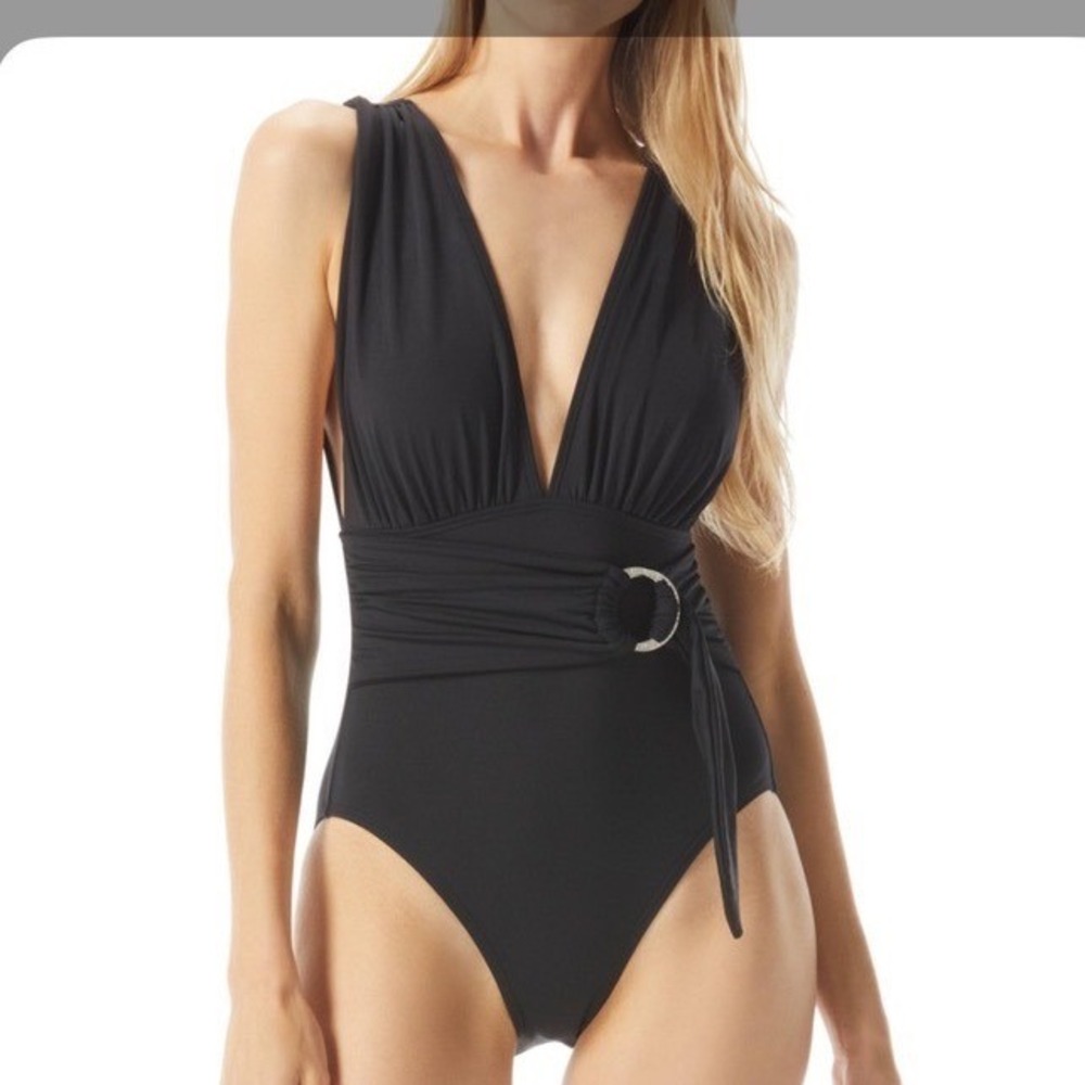 Michael Kors Womens Black Ring V-Neck One Piece Swimsuit $126 Size 14 NWT